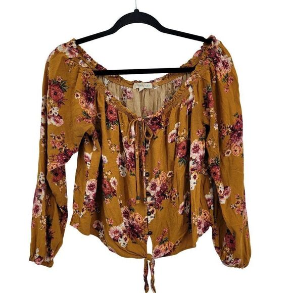Vintage Rewind Peasant Blouse L Mustard Floral Off Shoulder Crop Button Tie Puff - Picture 1 of 14